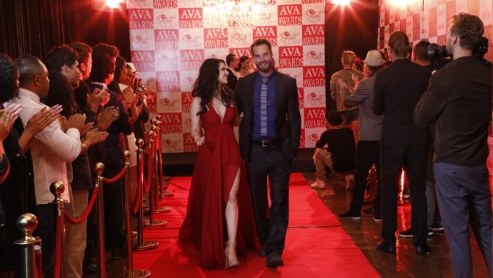 Sunny Leone with Marc Buckner during an awards scene in Karenjit Kaur The Untold Story Sunny Leone with Marc Buckner during an awards scene in Karenjit Kaur The Untold Story